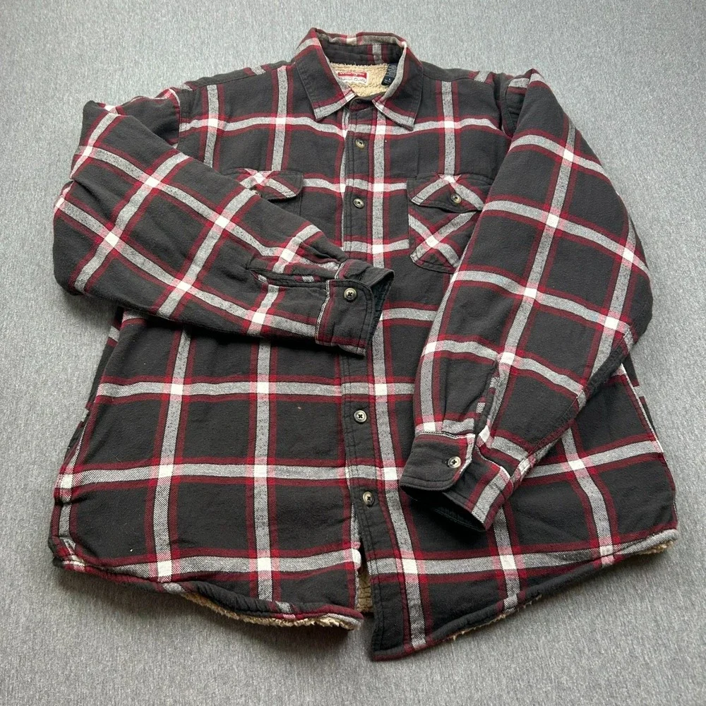 Wrangler Sherpa Lined Flannel Shacket Mens Large Brown Red Plaid Jacket Workwear